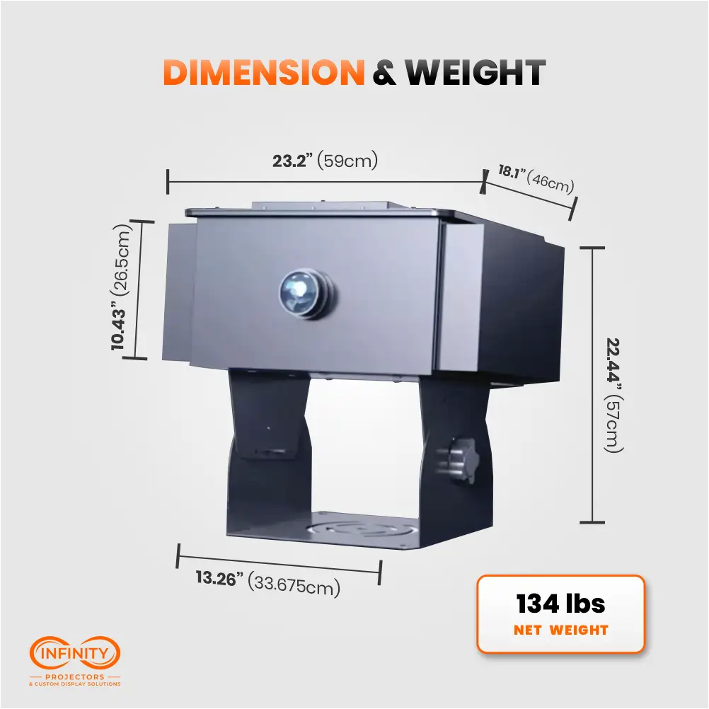 Dimension diagram of the 1500W outdoor gobo projector, 23.2 by 22.44 inches, 134 lbs net weight