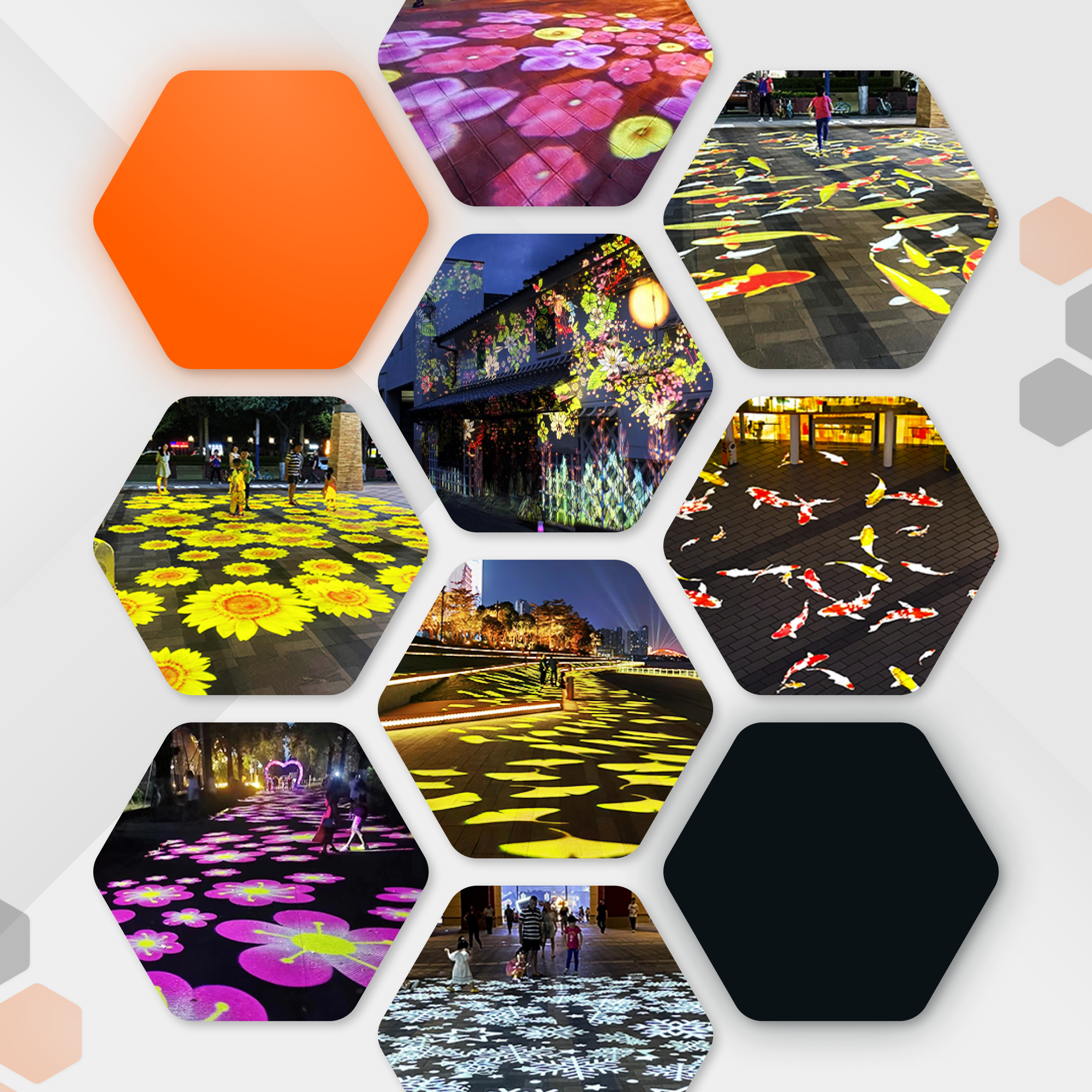 Collage of gobo projection effects: flowers, koi fish, leaves and snowflakes lighting walkways at night
