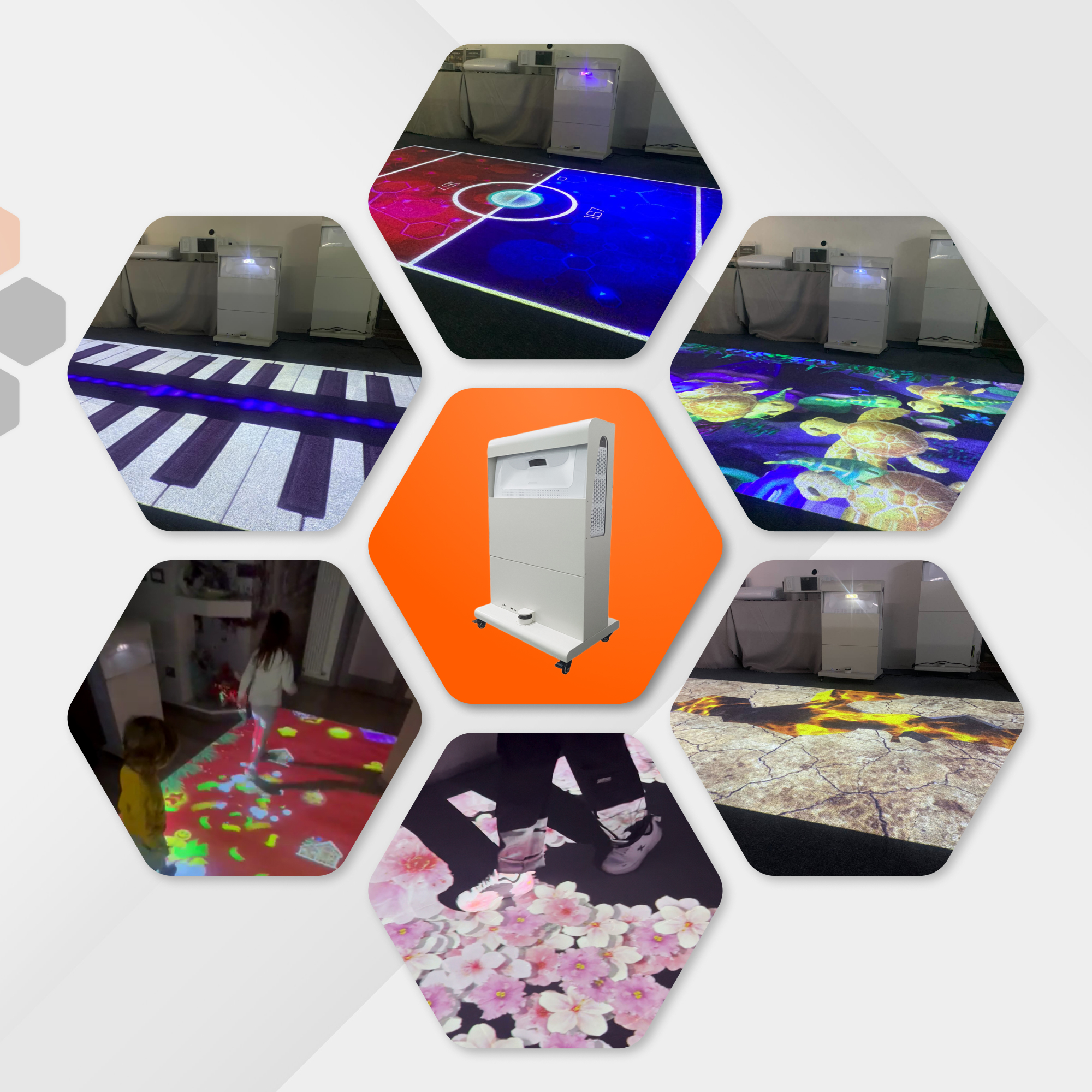 Collage of interactive floor projector tower installs: air hockey, giant piano and sea turtle games projected on carpet
