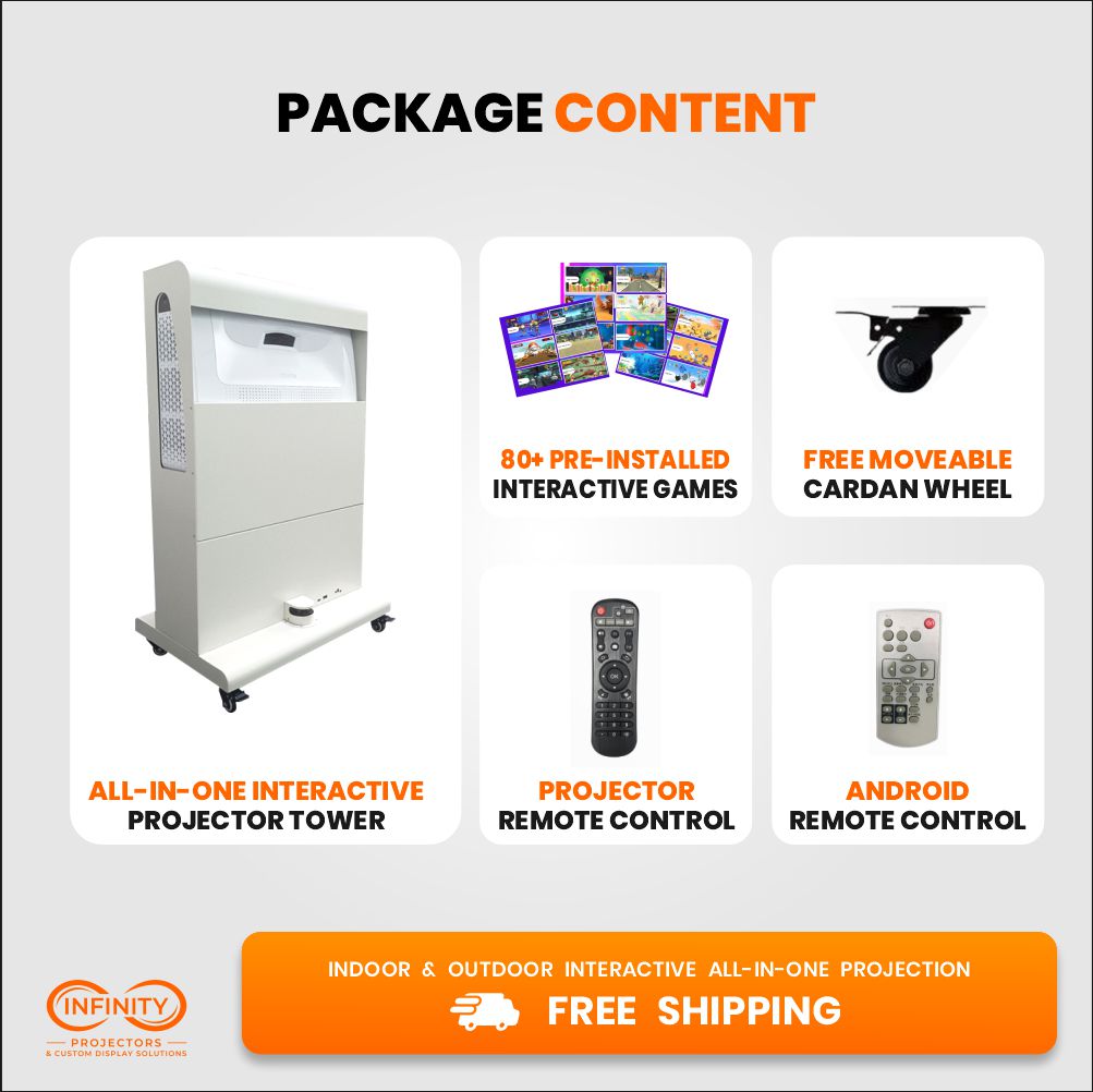 Package contents of the interactive projector tower: 80+ preinstalled games, cardan wheels and two remote controls