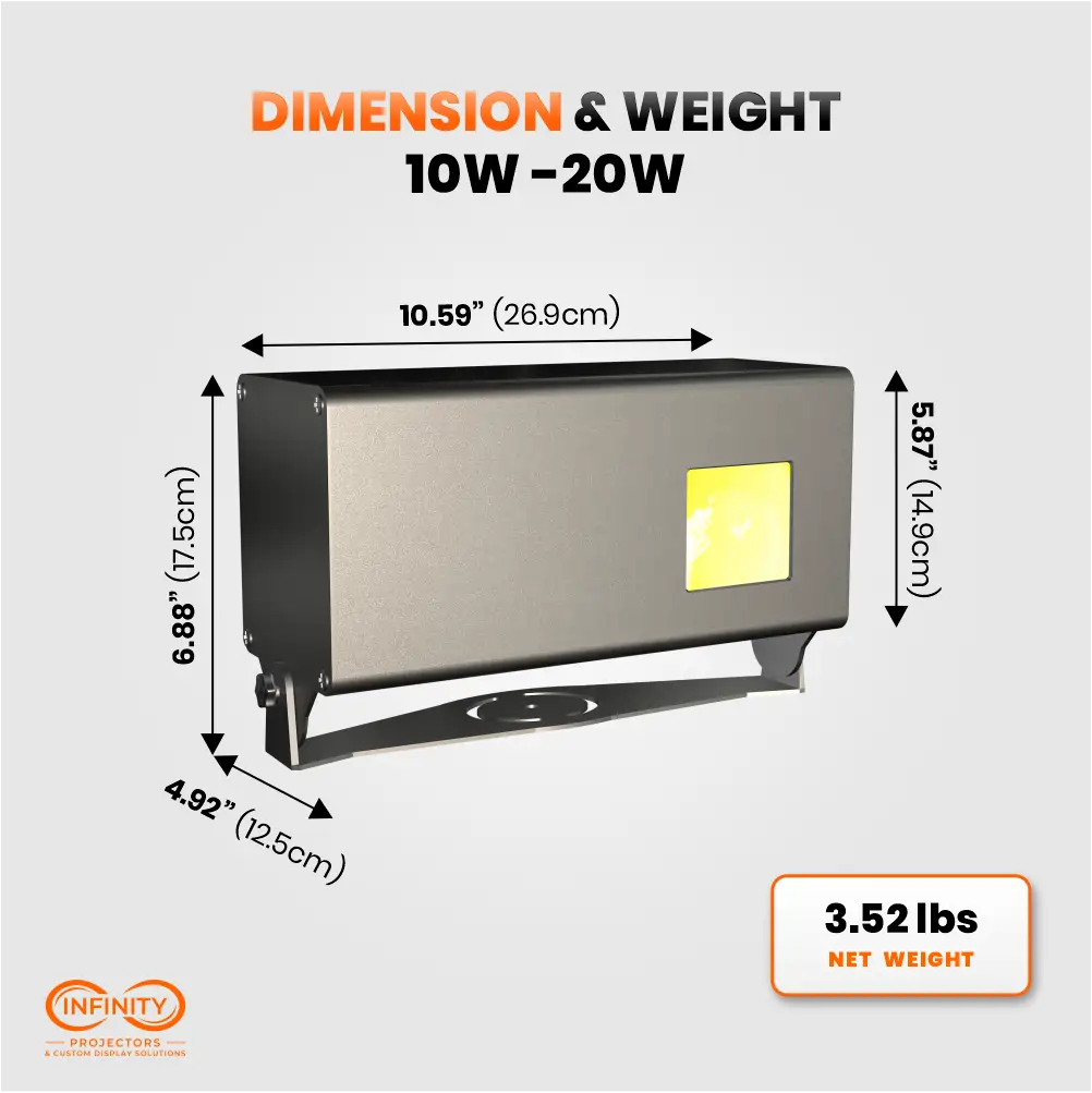 Dimension and weight diagram of 10W-20W Firefly box-style laser projector, 10.59 in wide