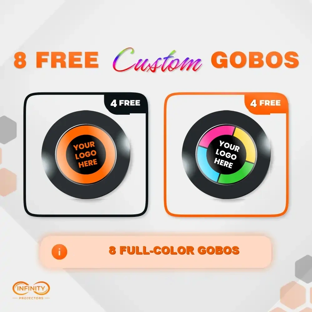 Graphic showing 8 free custom gobos with the spin projector: one-color and full-color glass discs