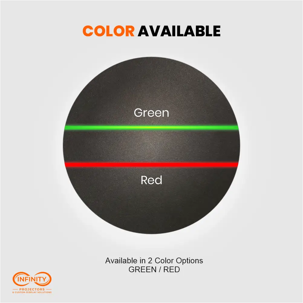 Color options for the laser line projector: bright green and red projected lines on a dark floor
