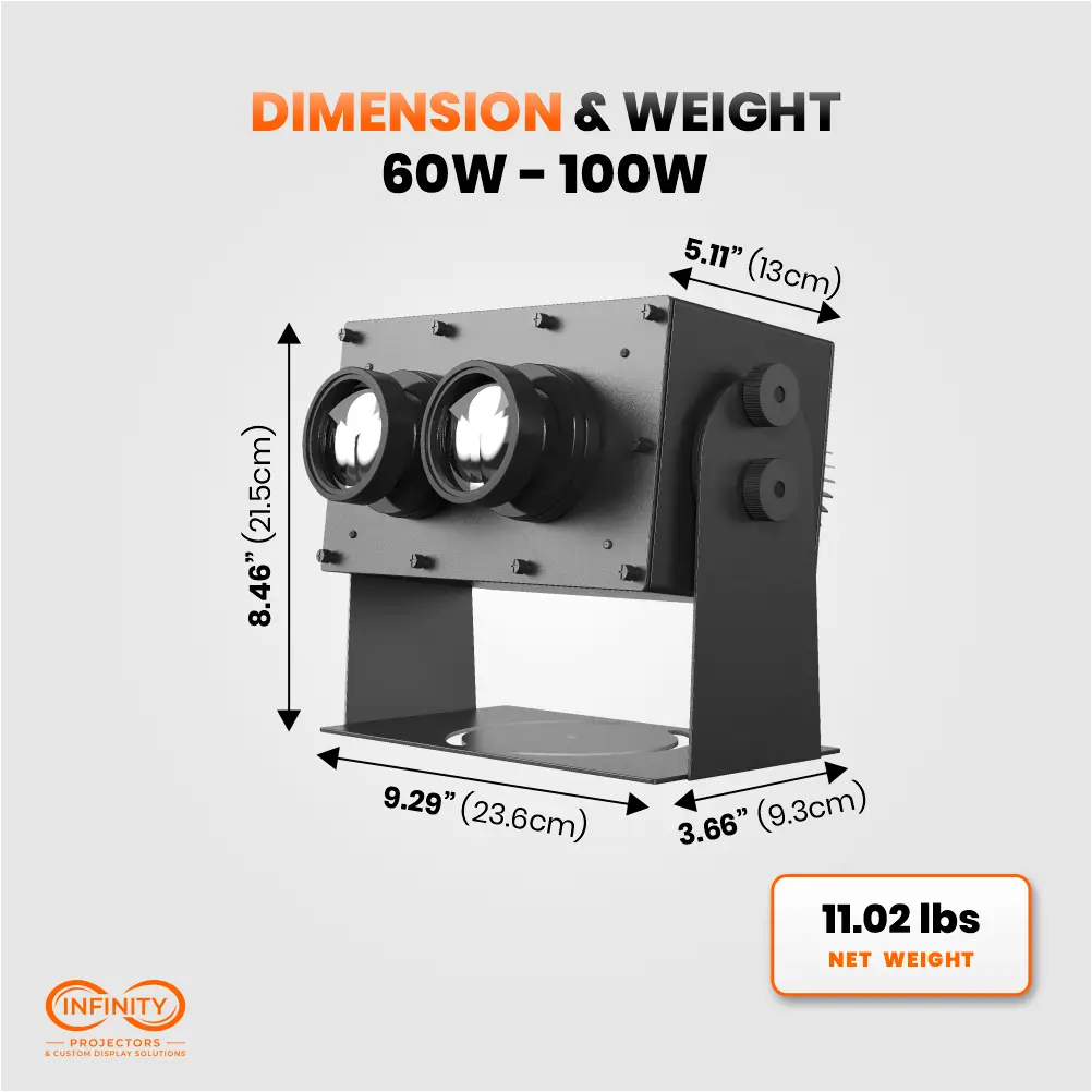 Dimension diagram of the 60W-100W dual lens gobo projector: 9.29 x 5.11 x 8.46 in, 11.02 lbs