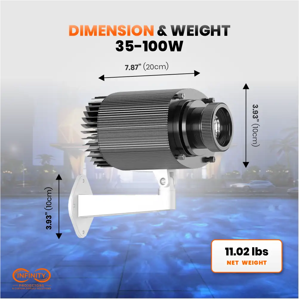 Dimension diagram of the 35-100W water ripple projector on a wall-mount arm: 7.87 in long, 11.02 lbs