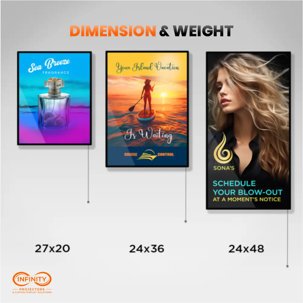 Size comparison of LED backlit lightbox displays in 27x20, 24x36 and 24x48 inches with sample posters