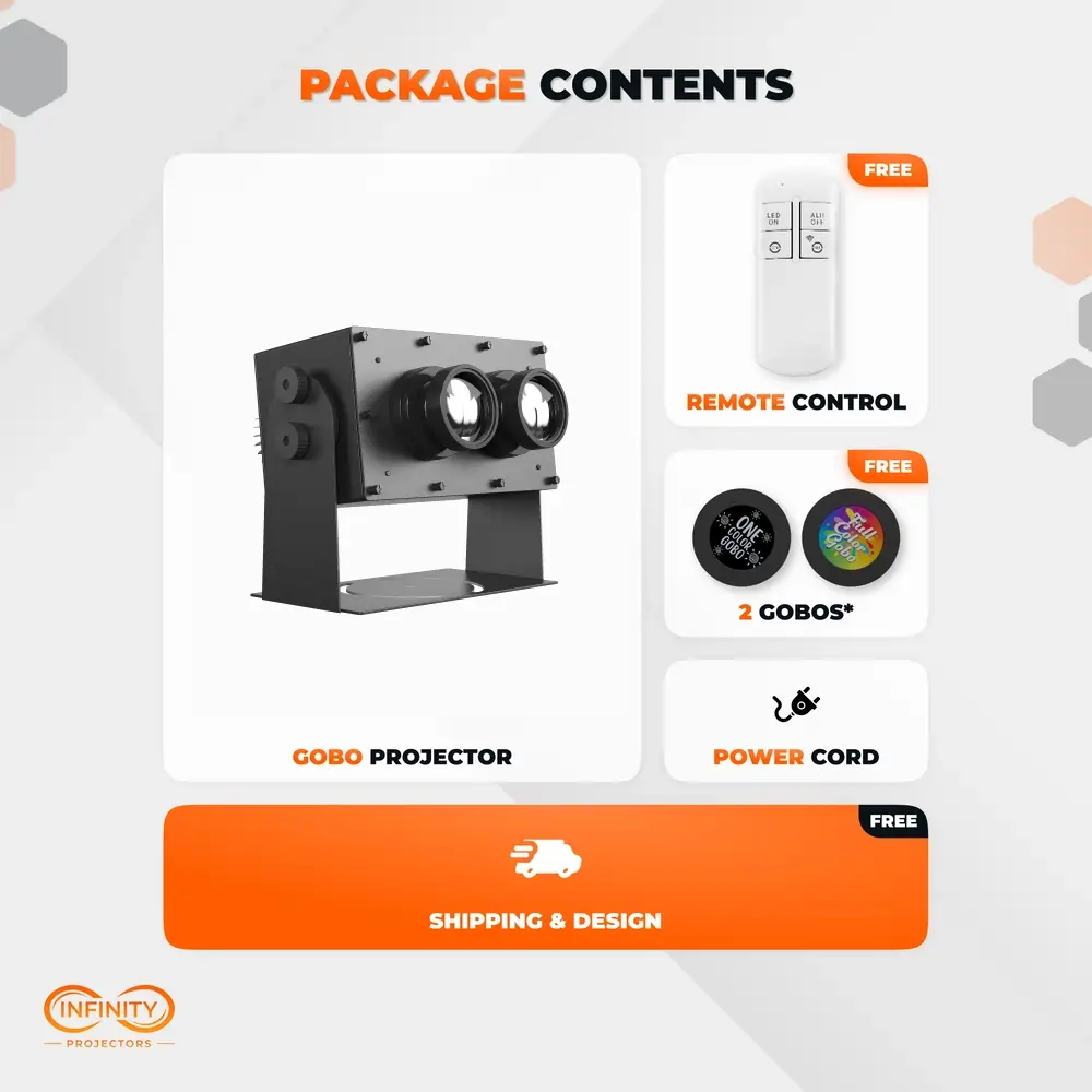 Package contents for the dual lens gobo projector: remote control, two gobos, power cord and free shipping