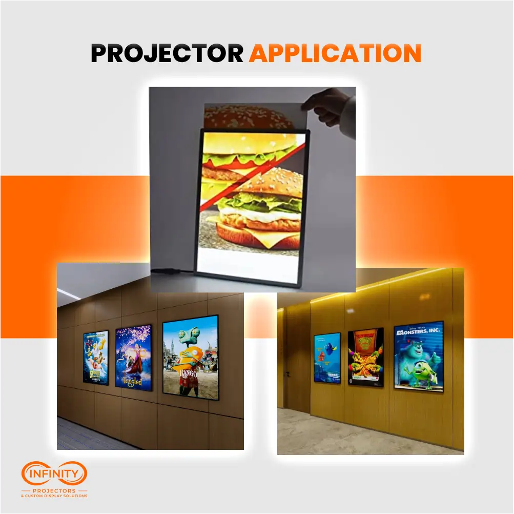 LED lightboxes in use as a lit menu board and as backlit movie poster displays along cinema hallways