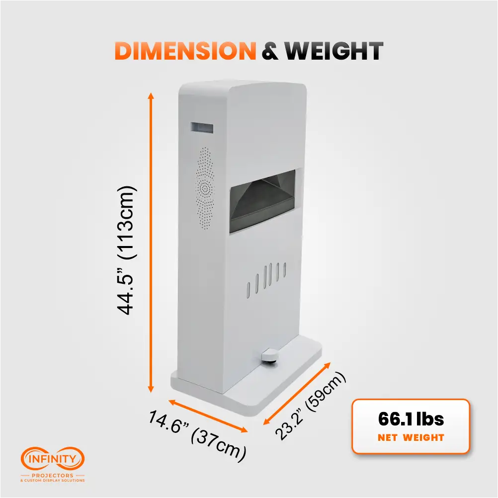 Dimension diagram of the interactive floor projector tower: 44.5 in tall, 23.2 x 14.6 in base, 66.1 lbs
