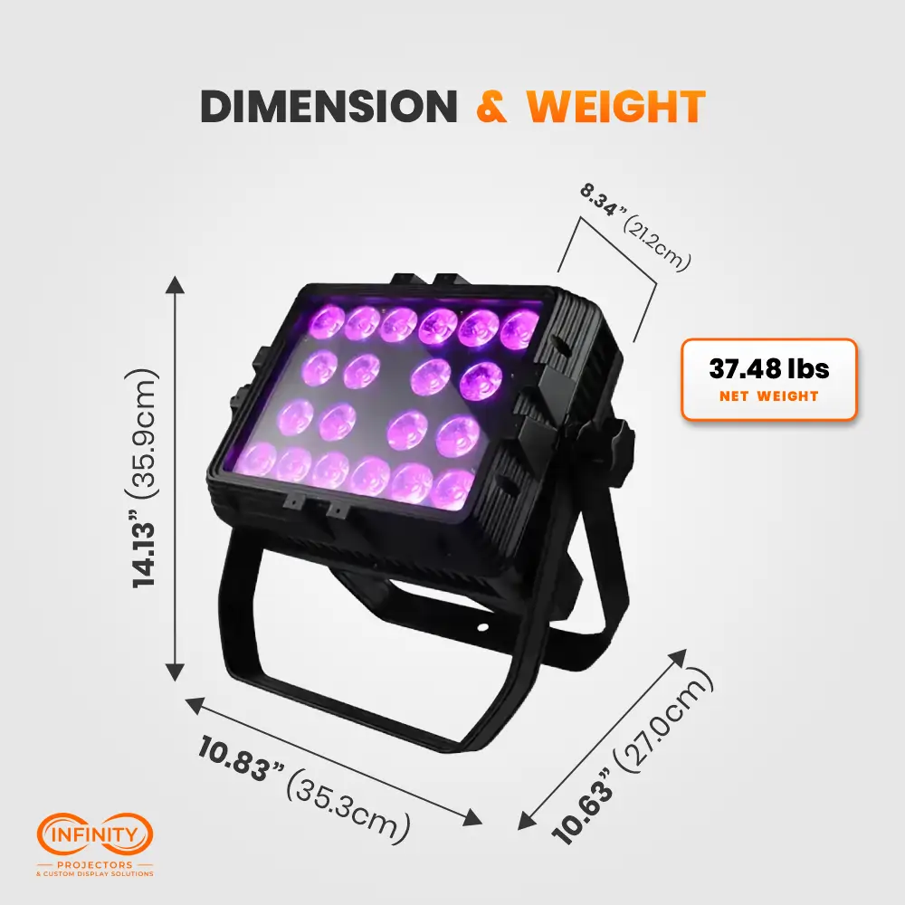Dimension diagram of the square outdoor wash light: 14.13 x 10.83 x 10.63 in, 37.48 lb net weight