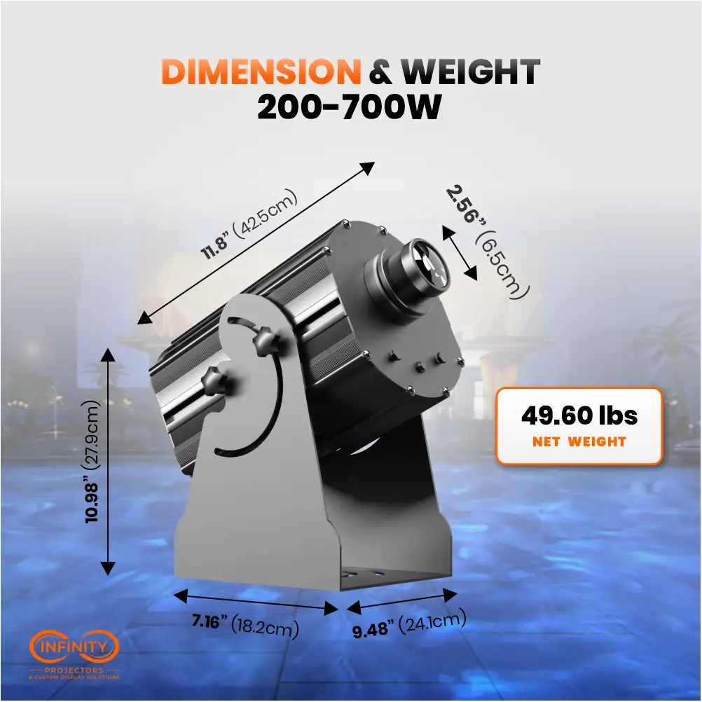 Dimension and weight diagram of the 200-700W water ripple projector, 11.8 in long and 49.60 lbs