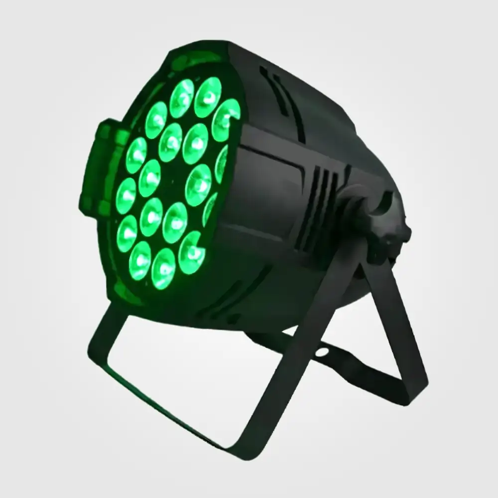 Left-facing view of the LED par can uplight with its 18 lenses lit bright green