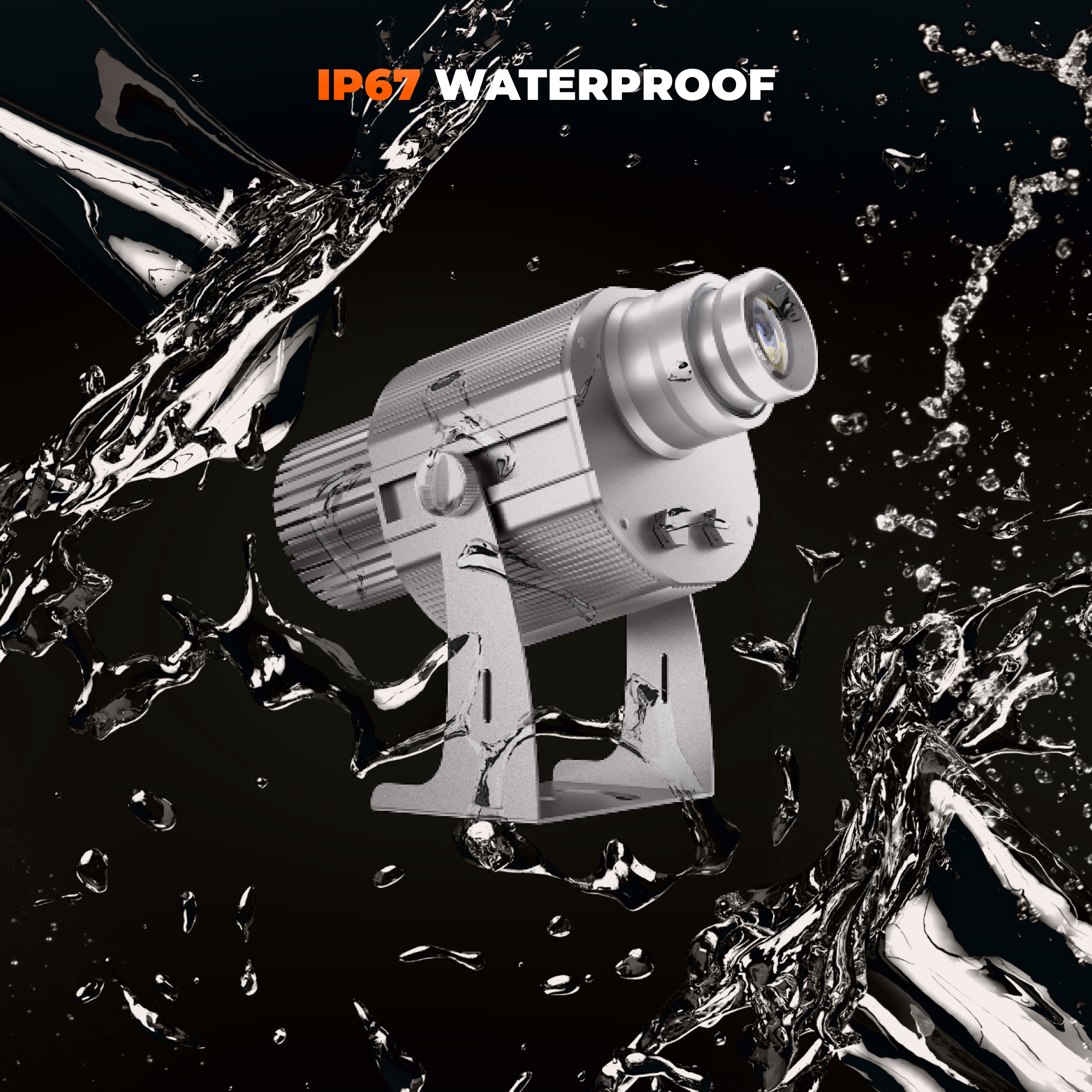 Silver dynamic 3D gobo projector amid water splash graphics showing its IP67 waterproof rating