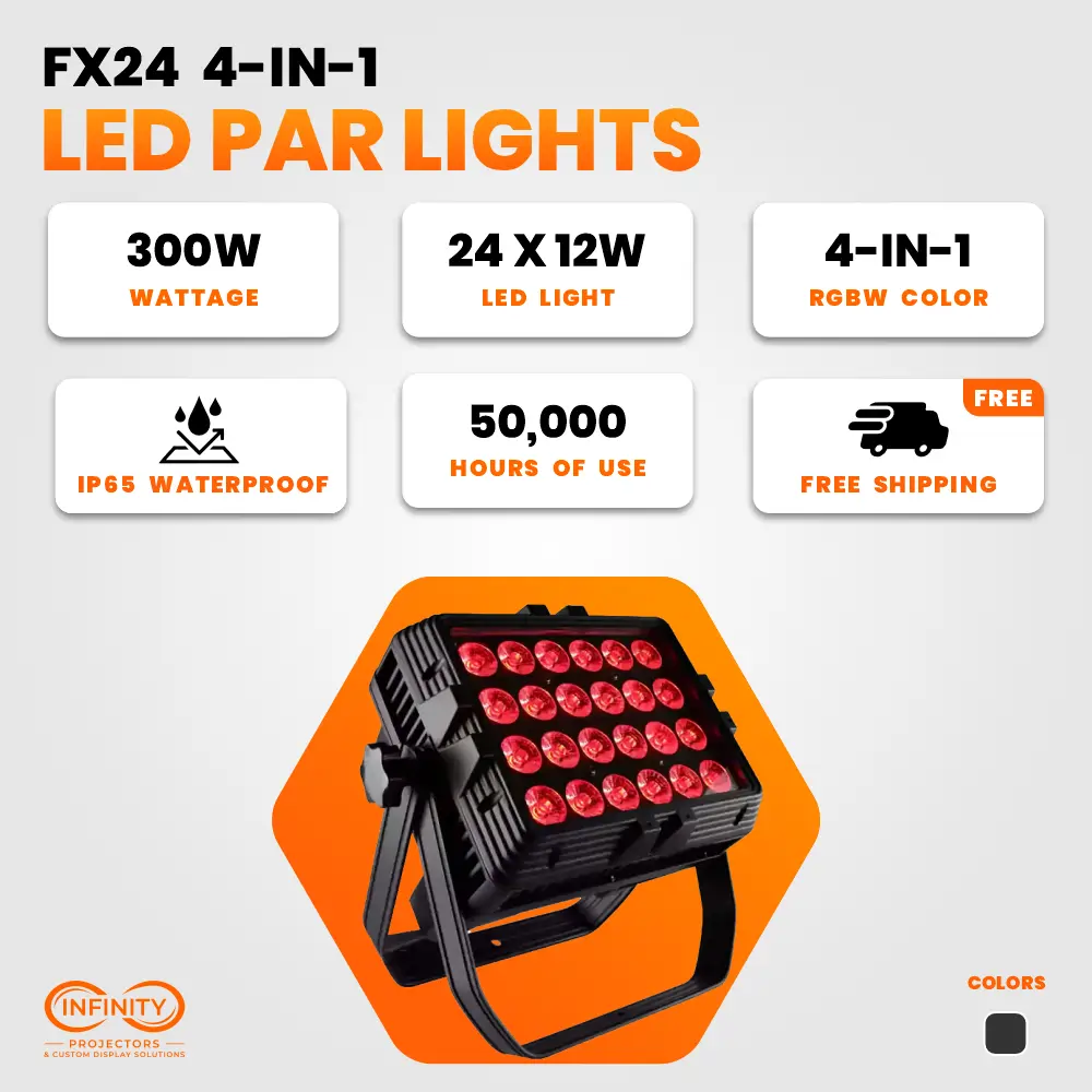 Spec card for FX24 LED par light: 300W, 24x12W RGBW, IP65 waterproof, 50,000-hour lifespan