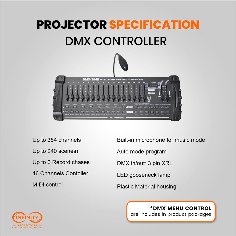 DMX controller specification: 384-channel lighting console with faders and gooseneck lamp for the zoom gobo projector