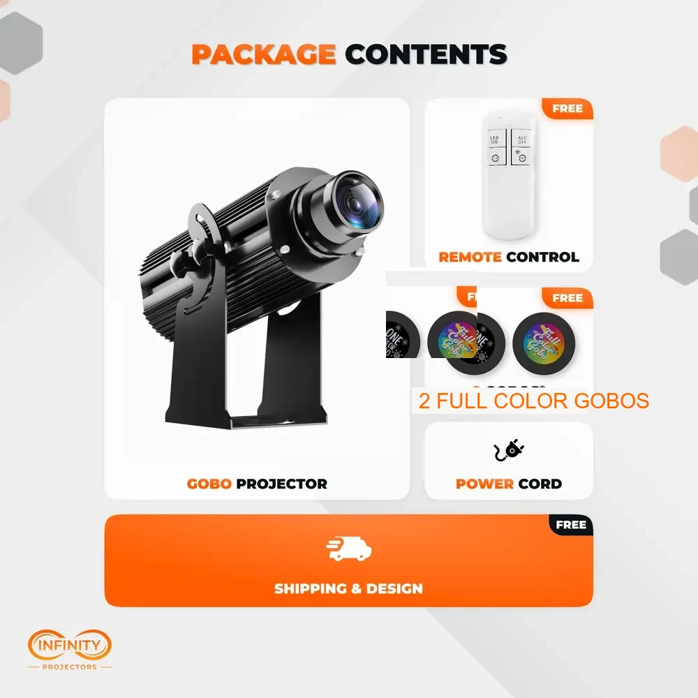 Package contents card for the outdoor gobo projector with remote, power cord and 2 full-color gobos label