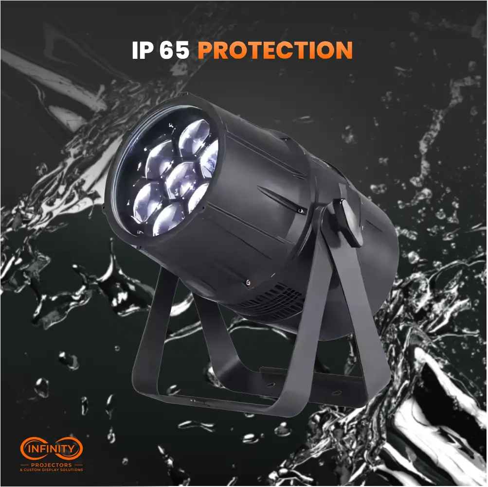 Waterproof IP65 zoom par light pictured amid water splashes to show outdoor durability