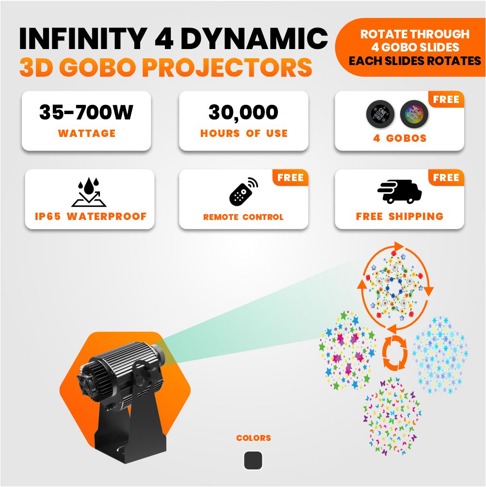 Feature card for the 4-slide rotating gobo projector: 35–700W, IP65, free remote and four gobos