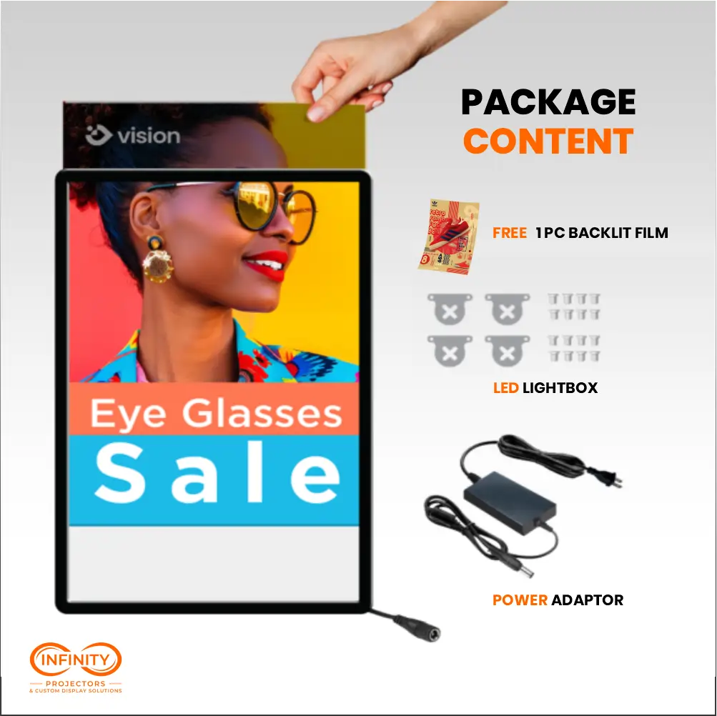 Package contents of the LED lightbox: frame with sale poster, free backlit film, mounting hardware and power adaptor