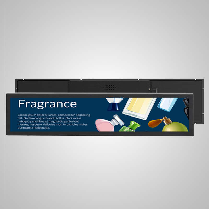 Front and back of the stretched bar LCD display with a fragrance advertisement on screen