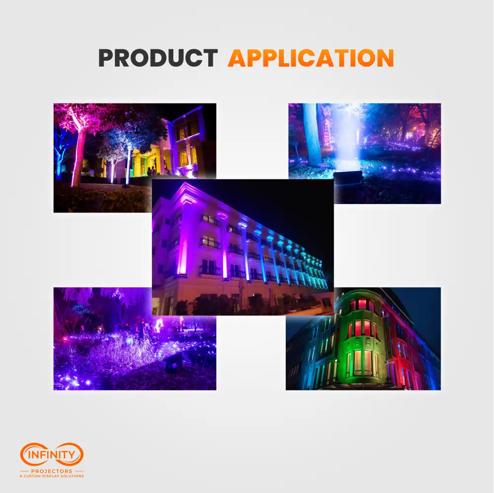Collage of outdoor installs: hotel facades, trees and gardens washed in magenta, blue and green LED light