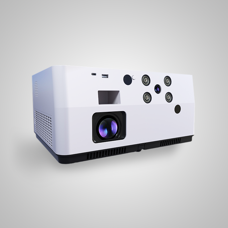 Front panel of the interactive floor and wall projector showing main lens and infrared sensors