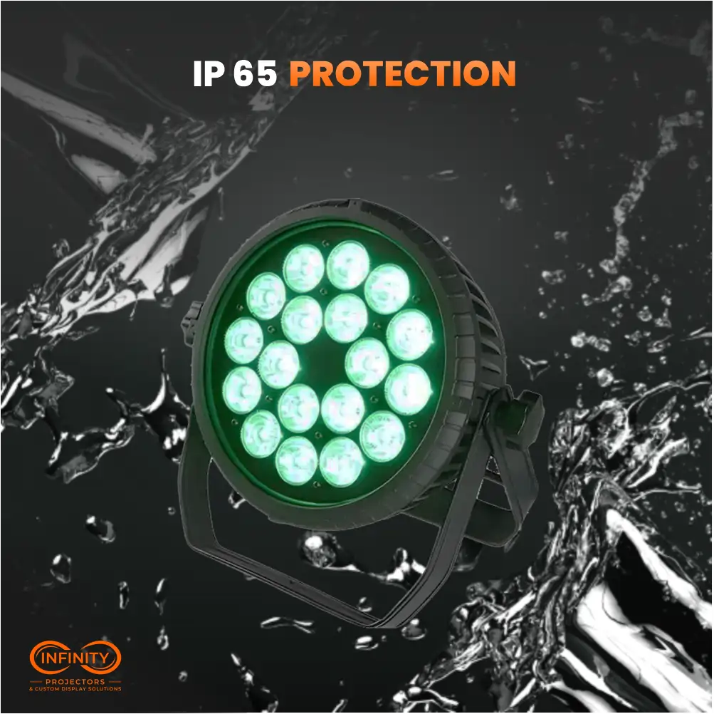 FX18 LED par light shown against splashing water to illustrate IP65 waterproof protection