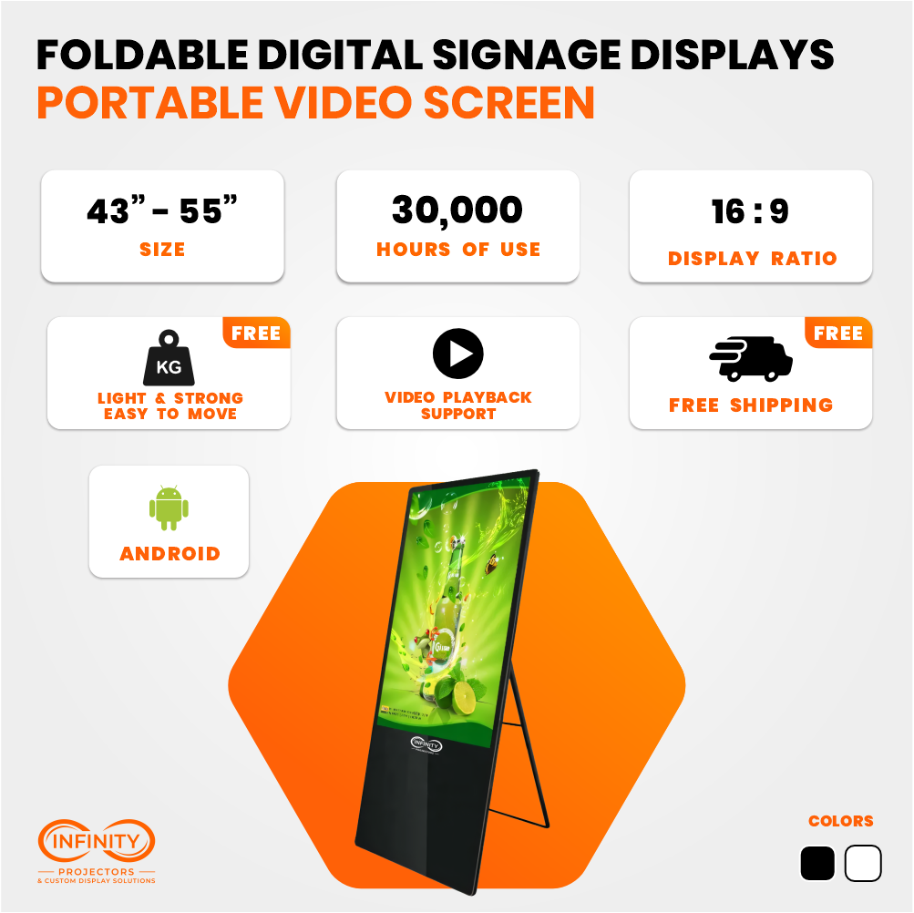 Spec infographic for the foldable digital signage screen: 43-55 inch, 30,000 hours, 16:9, Android