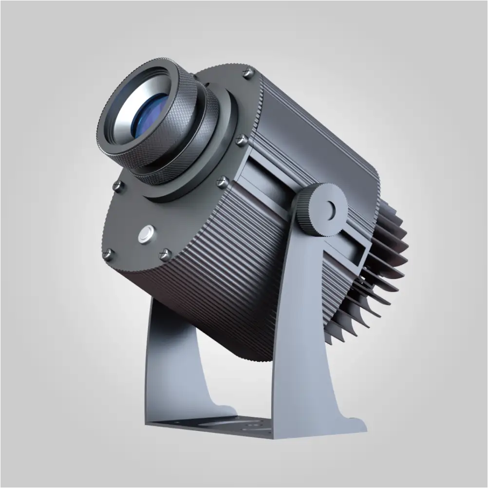 Outdoor logo projector angled left, showing rotary zoom lens, cooling fins and side adjustment knob