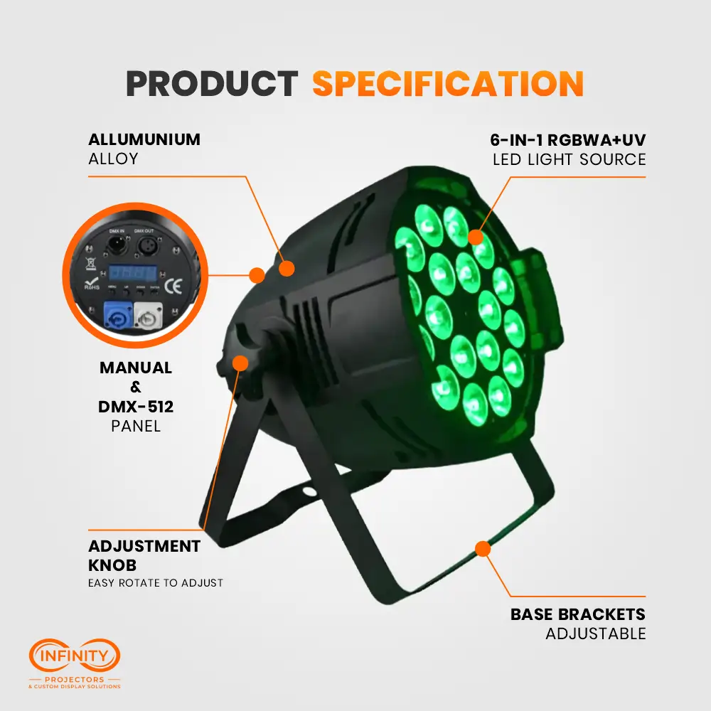 Spec callout diagram of green-lit LED par can uplight showing DMX-512 panel, adjustment knob and adjustable brackets