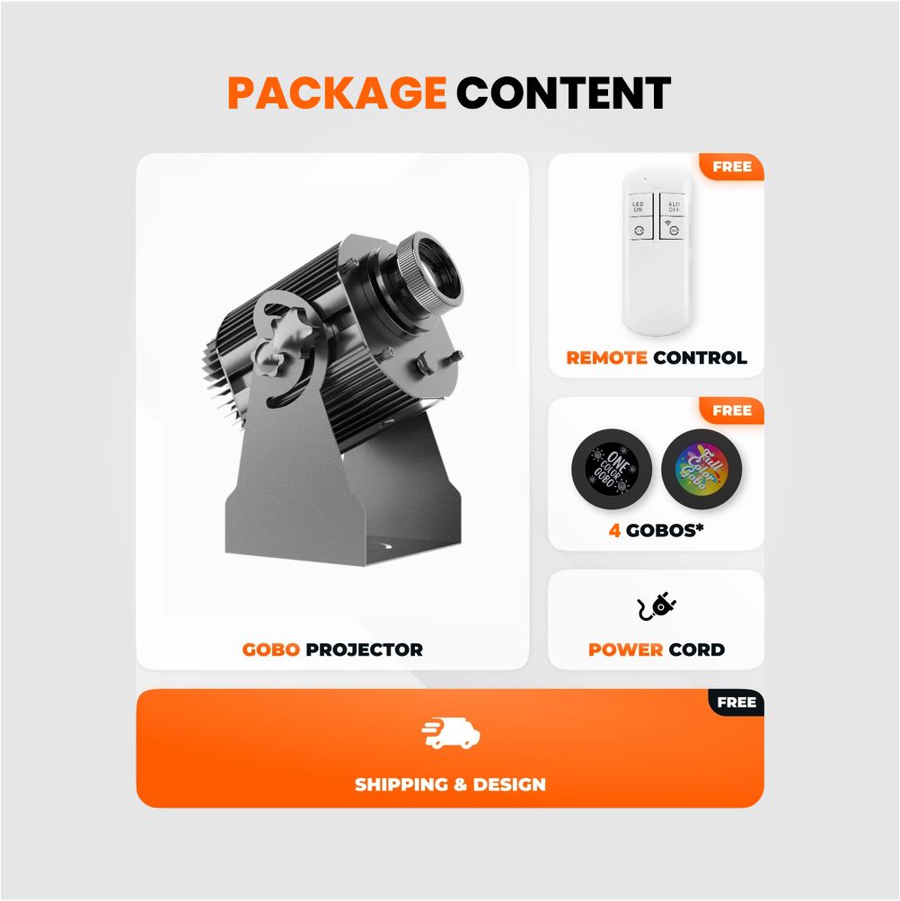 Package contents card for the rotating gobo projector: unit, free remote control, 4 gobos and power cord