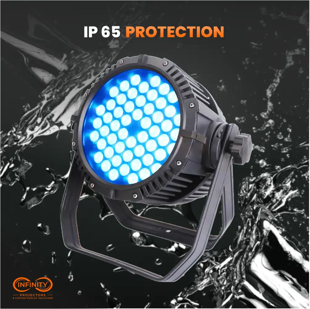54x3W waterproof LED par can with IP65 rating shown against splashing water