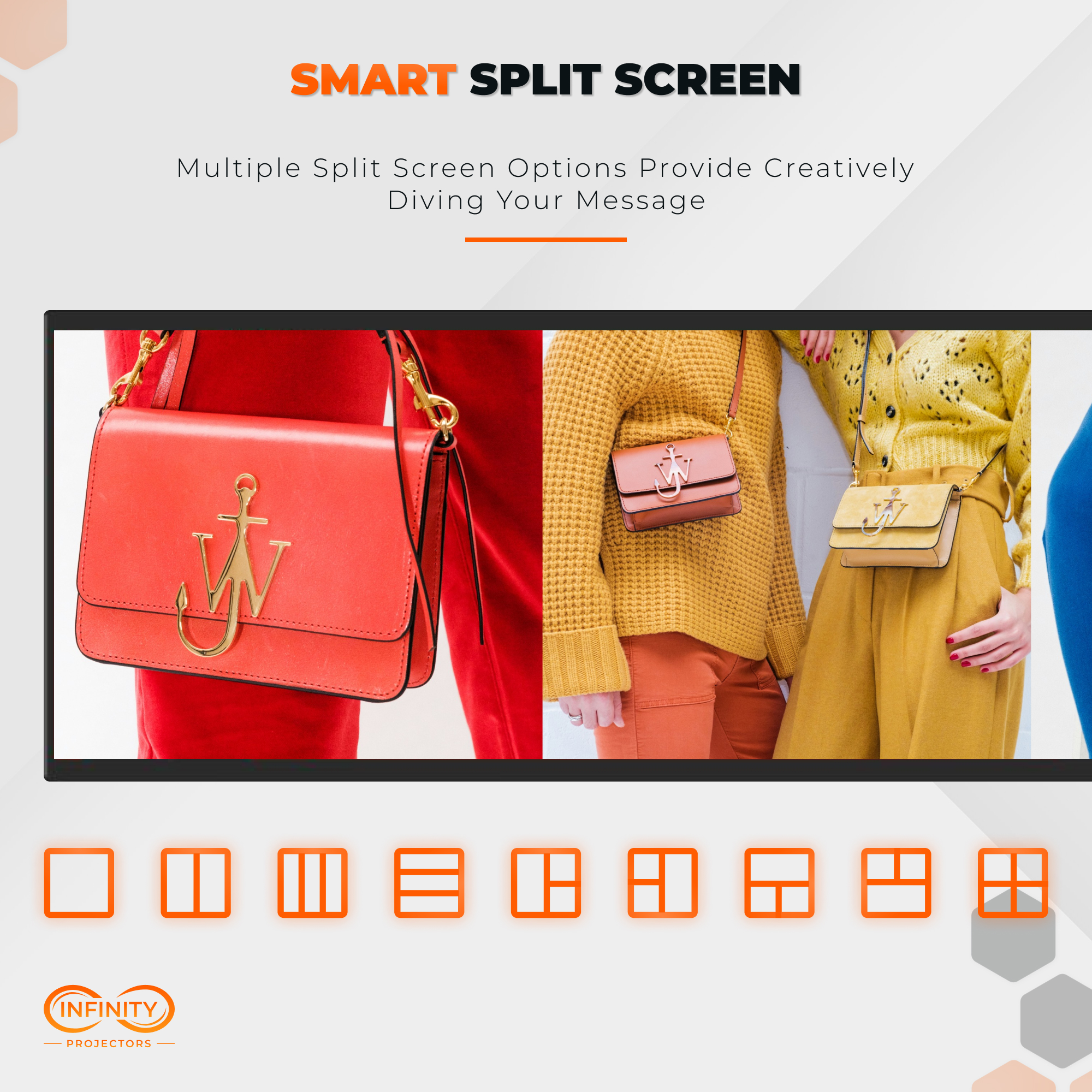 Smart split screen demo on a stretched bar display: handbag fashion photos beside multi-zone layout icons