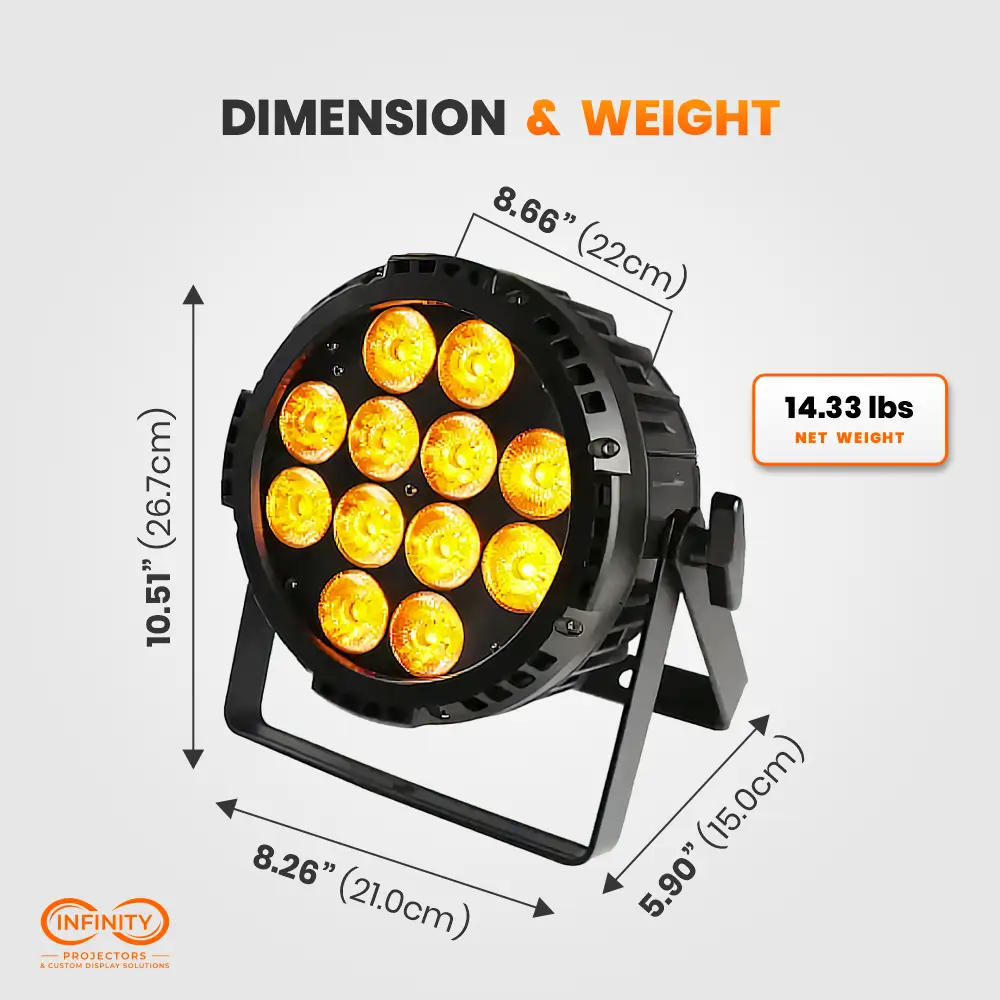 Dimension diagram of the outdoor LED par can: 10.51 x 8.26 x 5.90 in and 14.33 lb net weight