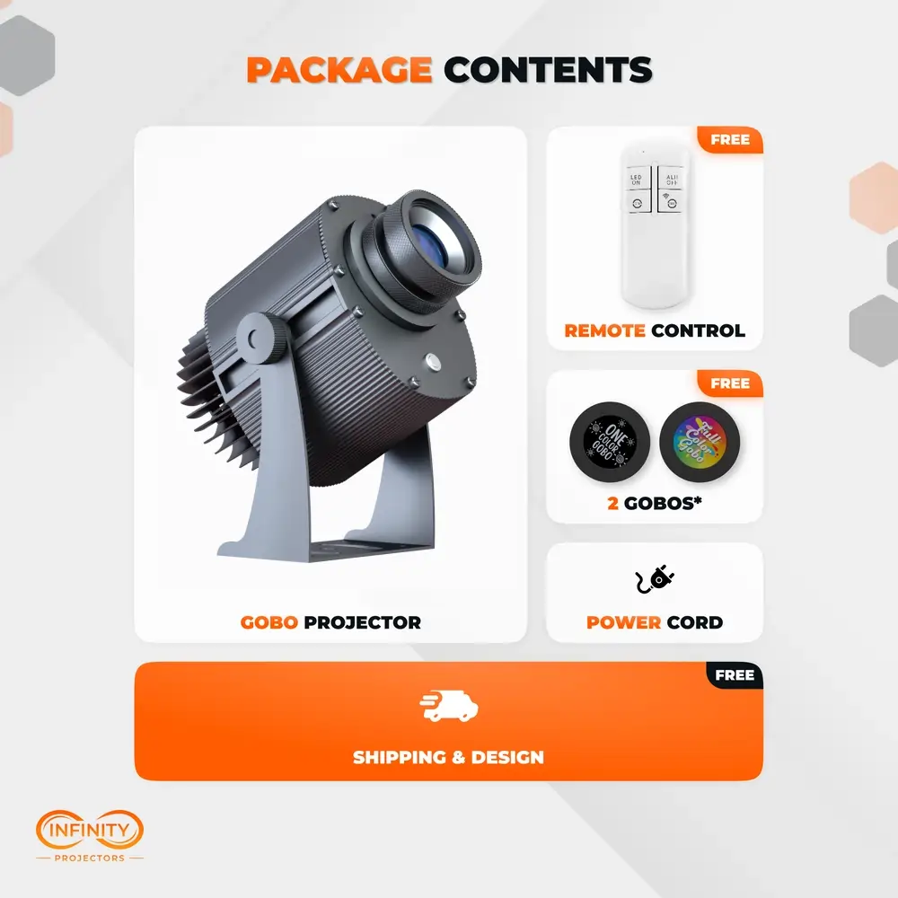 Package contents of outdoor gobo projector: unit, remote control, two custom gobos and power cord