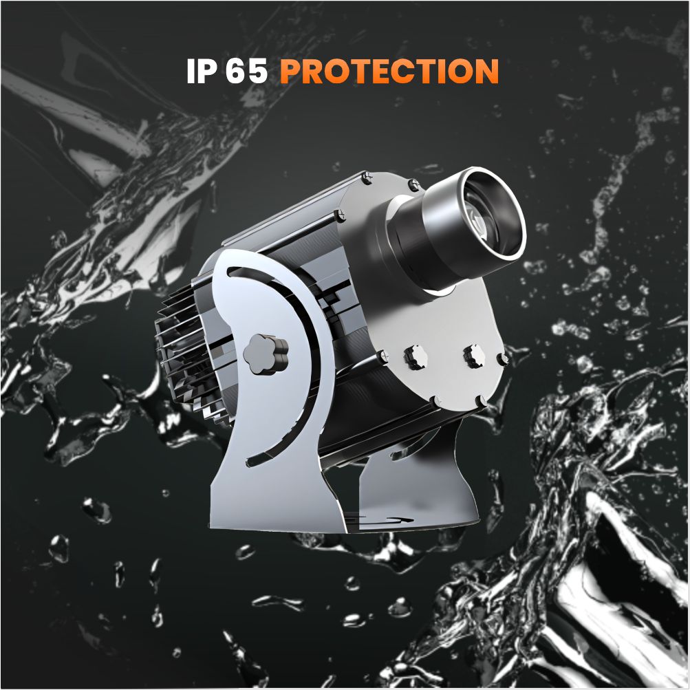 IP65 weatherproof graphic showing the dynamic 3D gobo projector amid splashing water on a dark background