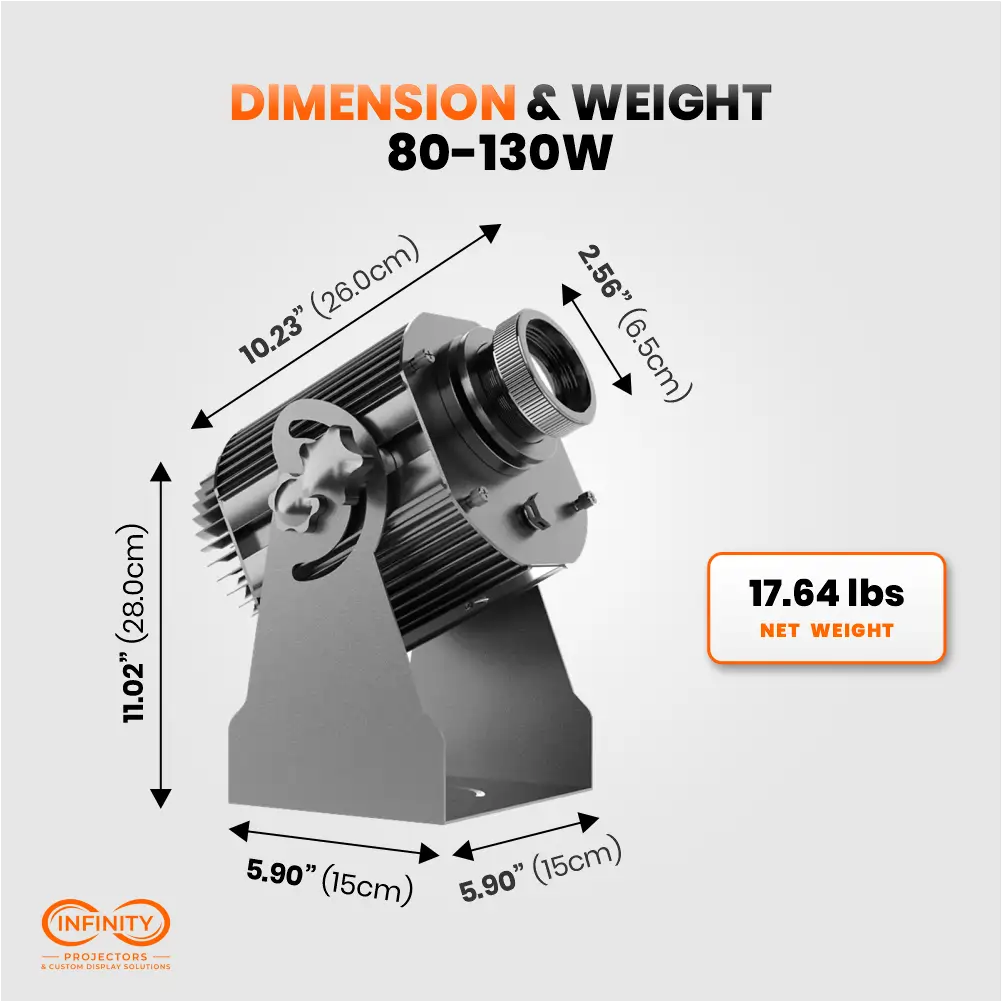 Dimension and weight diagram for the 80–130W dynamic gobo projector: 10.23 in long, 11.02 in tall, 17.64 lbs