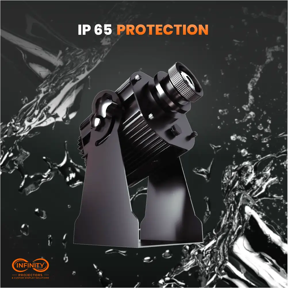 Walking light gobo projector shown against splashing water, highlighting IP65 weather protection