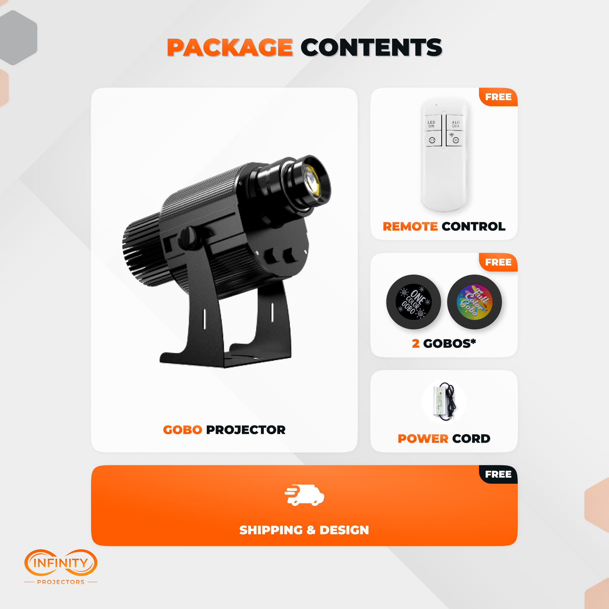 Package contents: gobo projector plus free remote control, two custom gobos and power cord