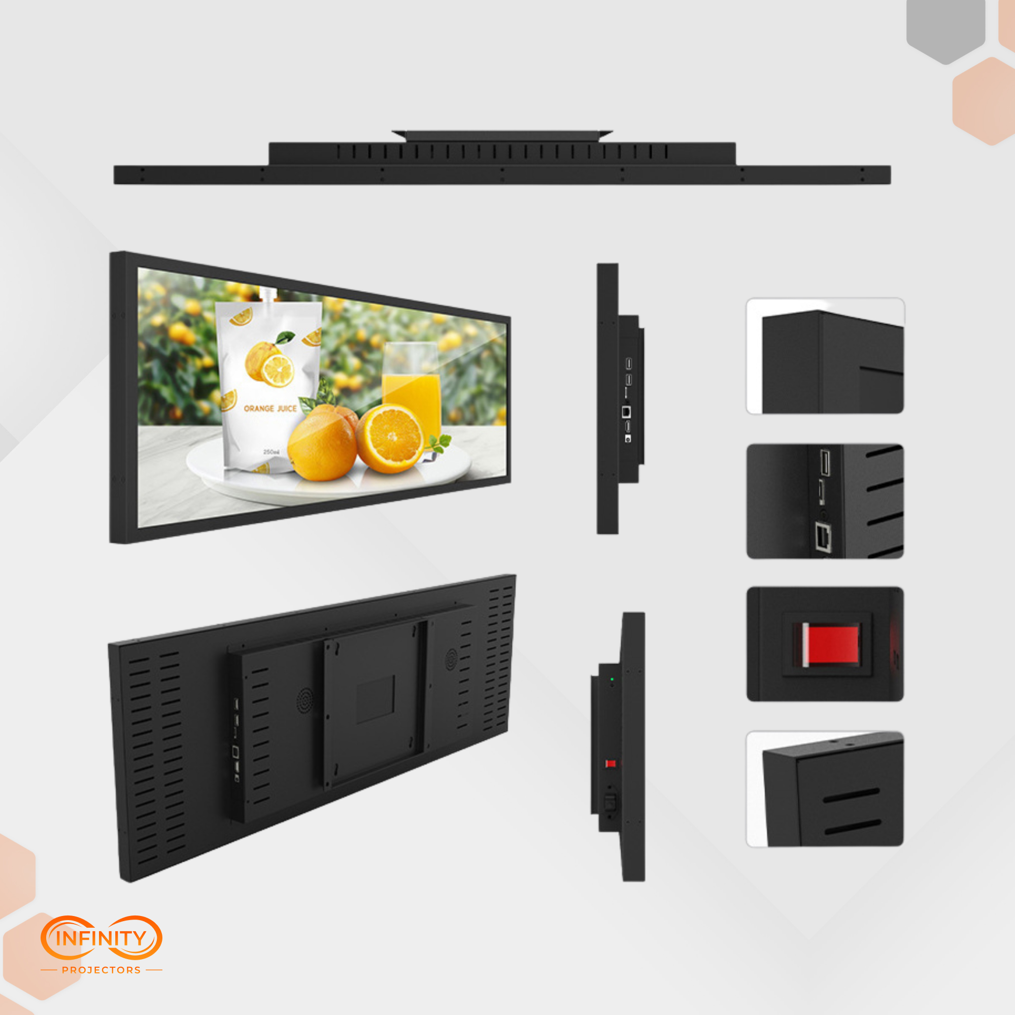 Multi-angle views of the stretched bar display with port close-ups, juice ad on screen, gray background