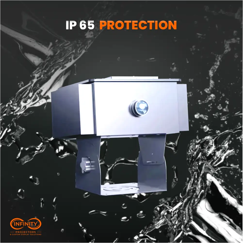 1500W outdoor logo projector surrounded by water splashes illustrating IP65 weatherproof protection