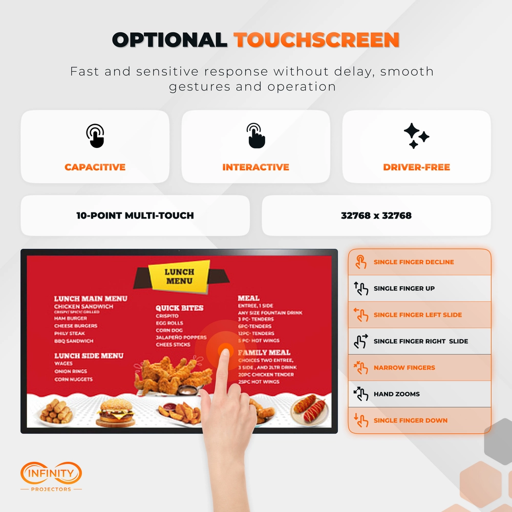 Optional touchscreen graphic with a finger tapping a lunch menu and a list of supported gestures
