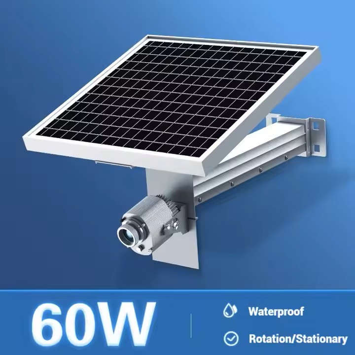 Vendor graphic of 60W solar gobo projector with waterproof and rotation callouts