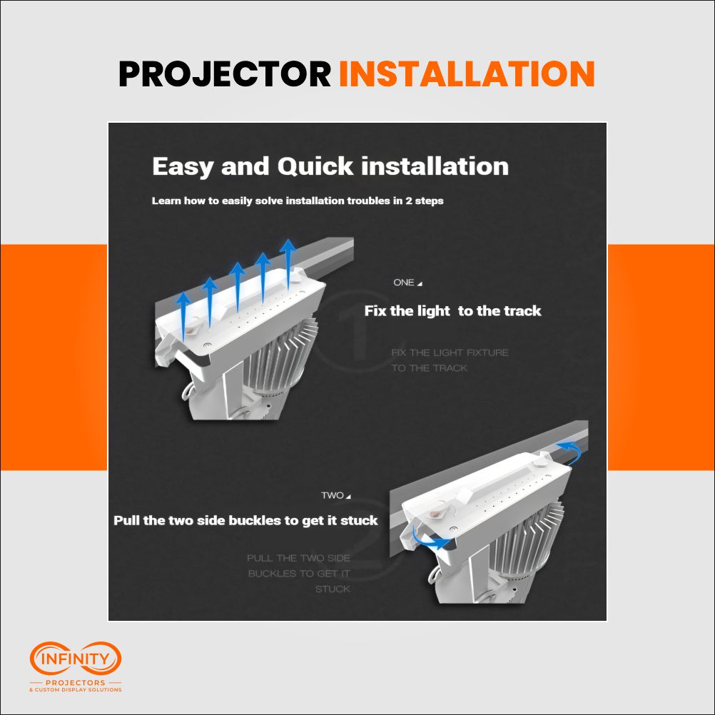 Two-step guide showing how to fix the track gobo projector light onto the track and lock the side buckles