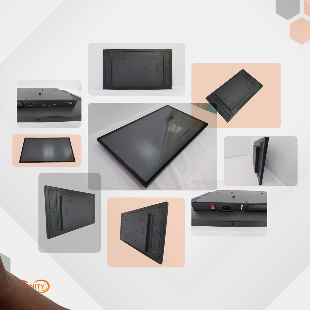 Multi-angle collage of ultra-slim digital signage screen showing back panel, ports and slim profile