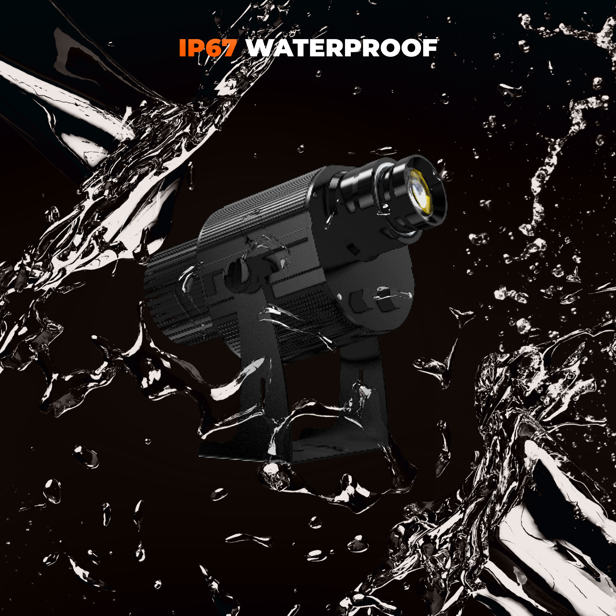 IP67 waterproof gobo projector shown amid water splashes on a black background