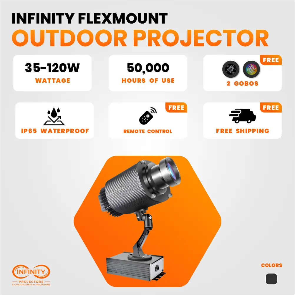 FlexMount outdoor projector feature card: 35-120W, 50,000 hours, IP65, free remote, gobos and shipping