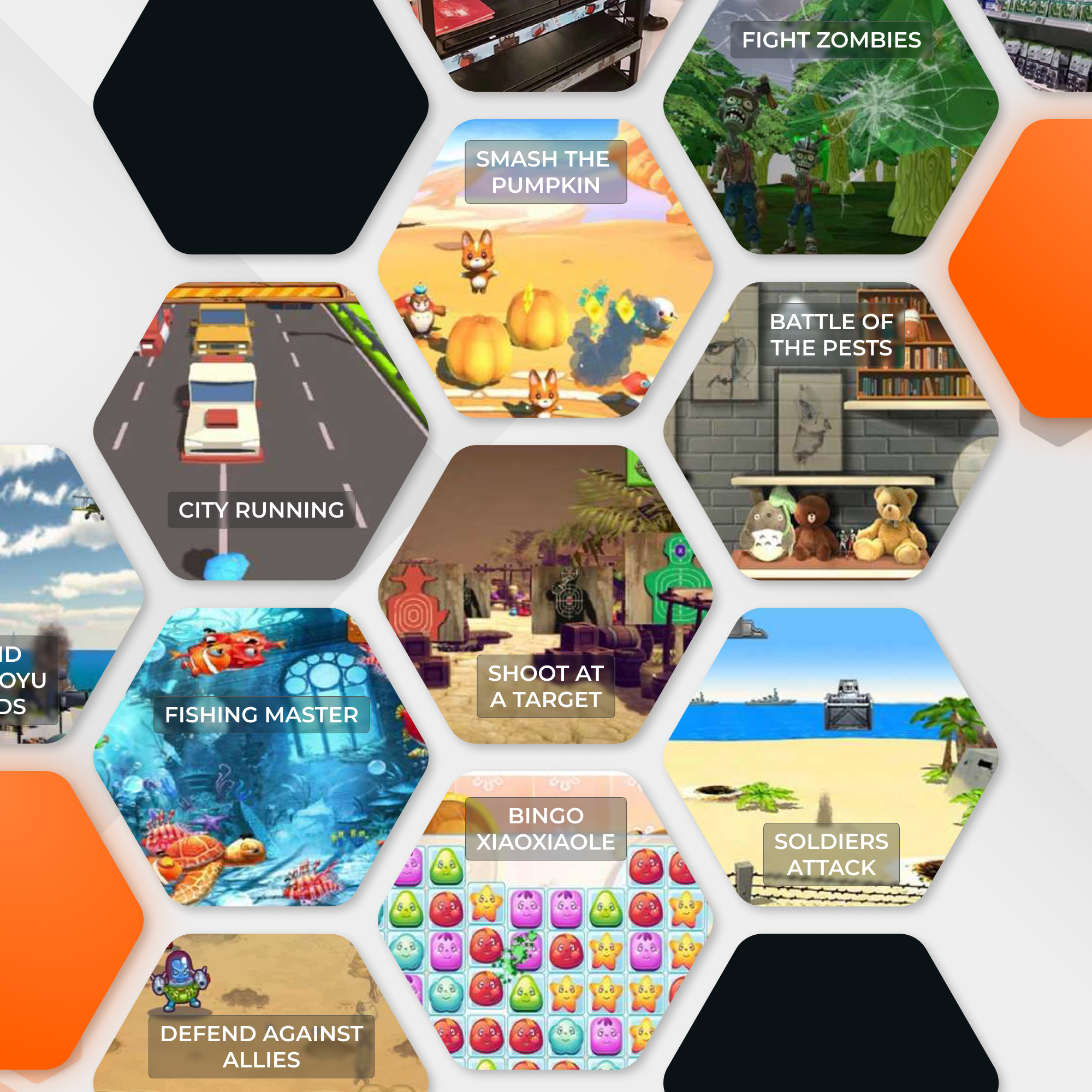 More interactive game scenes: city running, fishing master, target shooting and zombie battles