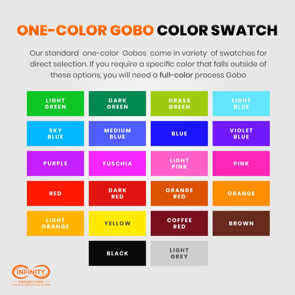 One-color gobo color swatch chart with 22 standard colors for custom gobo orders