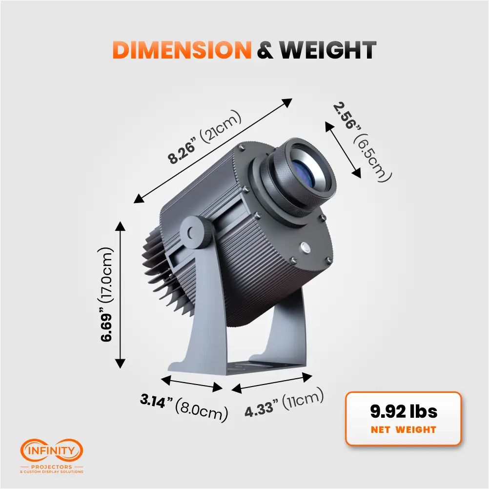 Dimension and weight diagram of outdoor gobo projector: 8.26 by 6.69 inches, 9.92 lbs net weight